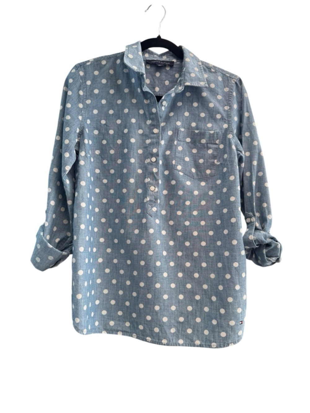 Tommy Hilfiger Blue Chambray Polka Dot Long Sleeve Quarter Button Up Shirt Sz M